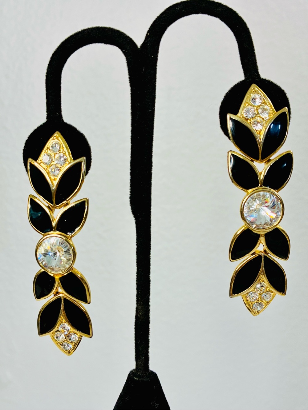 Bisjoux N.Y. Designs Gold-Tone Black Leaf Drop Clip Earrings w/ Clear Crystals